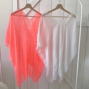 Sheer V-Neck Women Swim Cover Tops - Coral and White